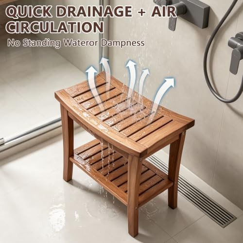 Teak wood shower bench with shelf — photo 4