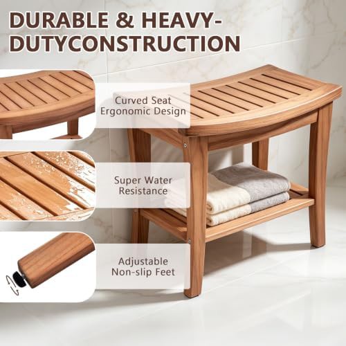 Teak wood shower bench with shelf — photo 5